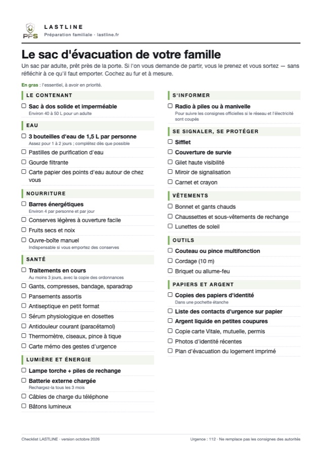 Aperçu de la première page de la checklist du sac d'évacuation